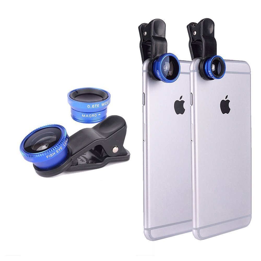 Livestream - Universal Clip 3 in 1 Cell Phone Camera Lens Kit - Fish Eye Lens / 2 in 1 Macro Lens & Wide Angle Lens. Get Enhanced View While Live Streaming. (Blue)