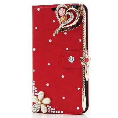 STENES Bling Phone Case Compatible with iPhone 6 Plus Case - Luxurious 3D Handmade Sparkle Rhinestone PU Leather Credit Holder Flip Cover Wallet - Flowers Heart Pendant/Red
