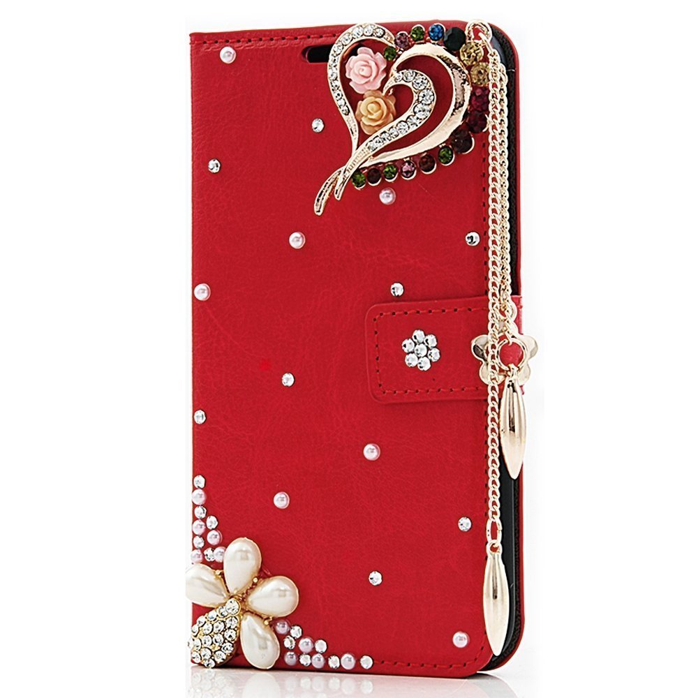 STENES Bling Phone Case Compatible with iPhone 6 Plus Case - Luxurious 3D Handmade Sparkle Rhinestone PU Leather Credit Holder Flip Cover Wallet - Flowers Heart Pendant/Red