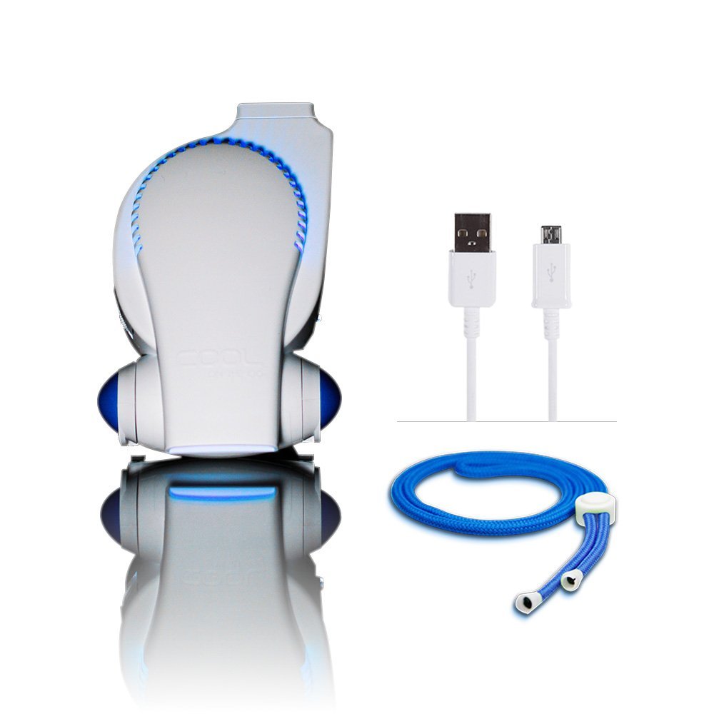 Cool On The Go! Personal Clip On Fan with LED Lights - Versatile Hands-Free Personal Cooling Device - USB Fan/Stroller Fan/Table Fan/Travel Fan/Wearable Fan/Tent Fan/Fan & More... Blue/White