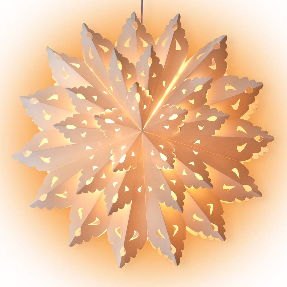 PaperLanternStore.com Quasimoon 26 Inch White Blizzard Wreath Snowflake Paper Star Lantern, Hanging - Great with or Without Lights - Ideal for Holiday and Snowflake Decorations, Weddings