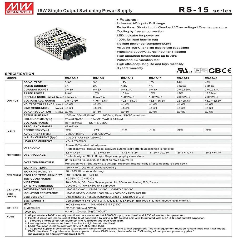 MW Mean Well RS-15-12 12V 1.3A 15.6W Single Output Switching Power Supply