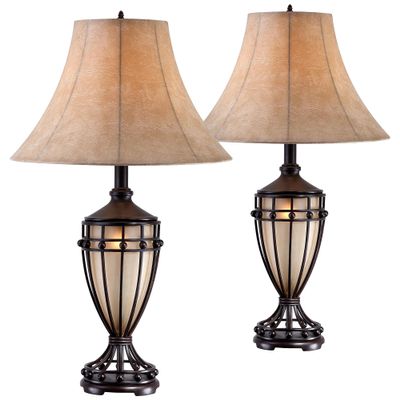 Franklin Iron Works Cardiff Traditional Rustic Urn-Shaped Table Lamps 33" Tall Set of 2 with Nightlight Brushed Iron Cage Champagne Glass Beige Fabric Bell Shade for Living Room Bedroom House