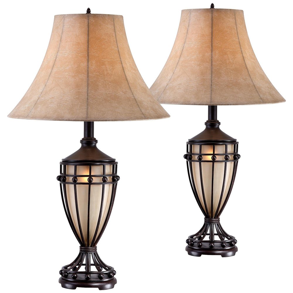 Franklin Iron Works Cardiff Traditional Rustic Urn-Shaped Table Lamps 33" Tall Set of 2 with Nightlight Brushed Iron Cage Champagne Glass Beige Fabric Bell Shade for Living Room Bedroom House