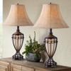 Franklin Iron Works Cardiff Traditional Rustic Urn-Shaped Table Lamps 33" Tall Set of 2 with Nightlight Brushed Iron Cage Champagne Glass Beige Fabric Bell Shade for Living Room Bedroom House view 2