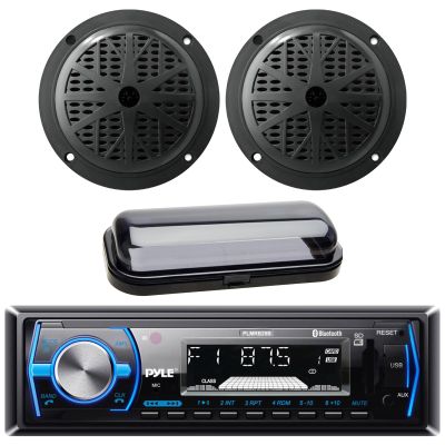 Pyle Single DIN Marine Bluetooth USB/AM/FM Stereo Receiver with Remote Control, 2x 4'' 100 Watt Peak Power Dual Cone Waterproof Black Audio Speakers, Radio Shield