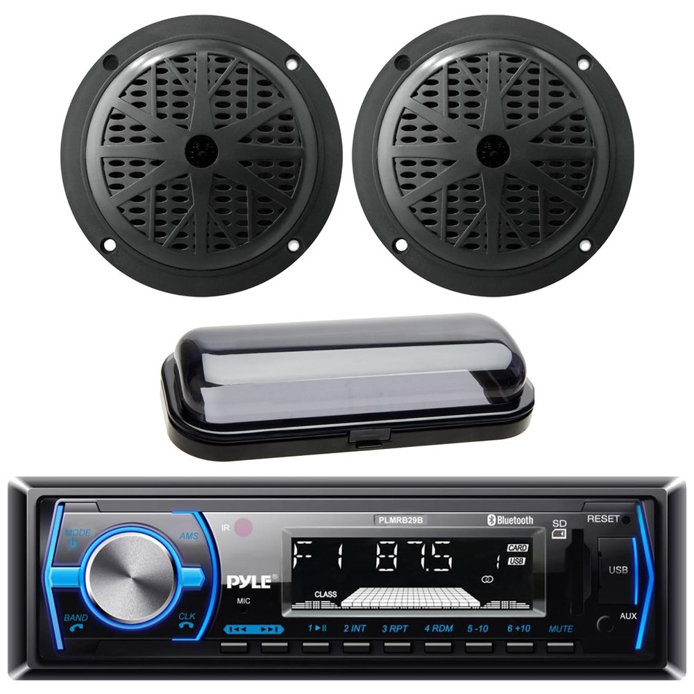 Pyle Single DIN Marine Bluetooth USB/AM/FM Stereo Receiver with Remote Control, 2x 4'' 100 Watt Peak Power Dual Cone Waterproof Black Audio Speakers, Radio Shield