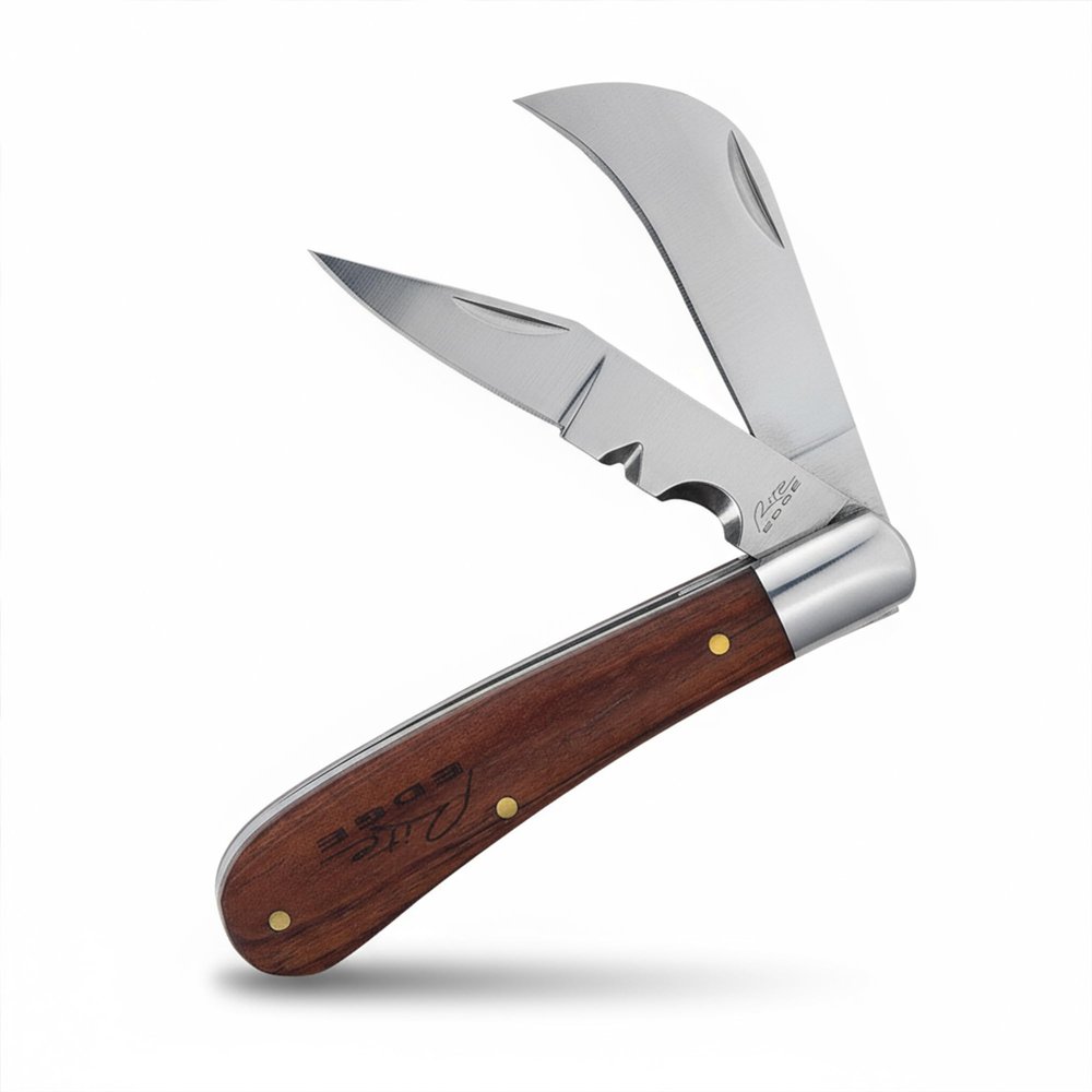 Rite Edge 4" Folding Pruning Knife  Dual Blade Pocket Knife for Men with Wood Handle, Clip Point & Curved Pruning Blade  Small Folding Pocket Knife for Gardening, Outdoor, and Everyday Carry (EDC)
