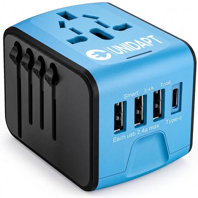 Unidapt Universal Travel Adapter, International Plug Adapter Fast 2,4A 4-USB European Power Plug, AC Wall Charger - Worldwide Outlet for Europe US USA UK EU AUS, Blue