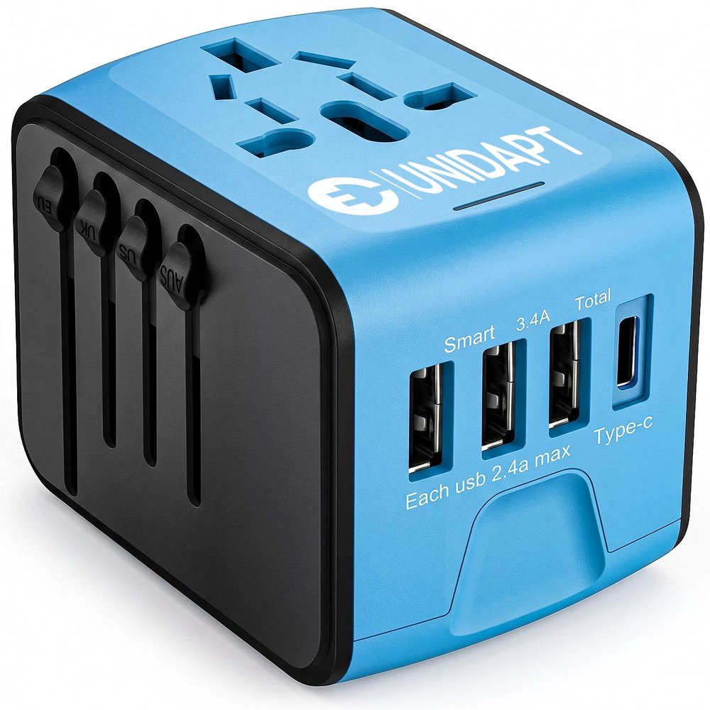Unidapt Universal Travel Adapter, International Plug Adapter Fast 2,4A 4-USB European Power Plug, AC Wall Charger - Worldwide Outlet for Europe US USA UK EU AUS, Blue