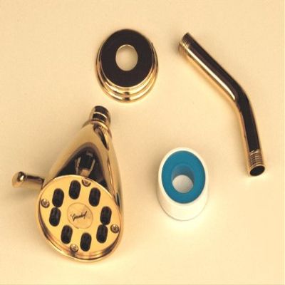 8 Jet Gold Giessdorf Shower Head with 6 inch Shower Arm, Flange and Roll of Thread Sealing Tape