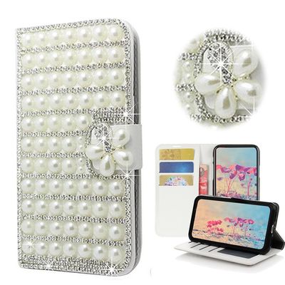 STENES Sparkle Wallet Phone Case Compatible with Google Pixel 2 XL [Stylish] 3D Handmade Bling Pearl Lattice Flowers Crystal Diamond Design Girls Women Cover - White