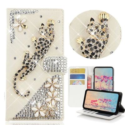 STENES Sparkle Wallet Phone Case Compatible with Google Pixel 2 XL [Stylish] 3D Handmade Bling Leopard Flowers Crystal Diamond Design Girls Women Cover - Gold