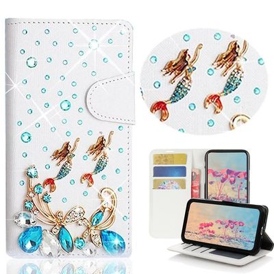 STENES Sparkle Wallet Phone Case Compatible with Google Pixel 2 XL [Stylish] 3D Handmade Bling Butterfly Mermaid Crystal Diamond Design Girls Women Cover - Light Blue