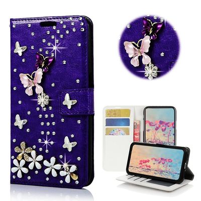 STENES Sparkle Wallet Phone Case Compatible with Google Pixel 2 XL [Stylish] 3D Handmade Bling S-Link Butterfly Floral Crystal Diamond Design Girls Women Cover - Dark Blue