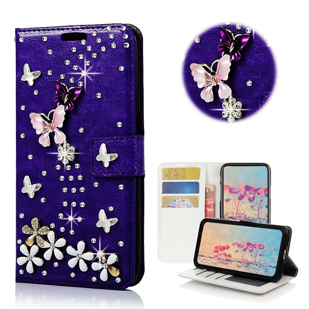 STENES Sparkle Wallet Phone Case Compatible with Google Pixel 2 XL [Stylish] 3D Handmade Bling S-Link Butterfly Floral Crystal Diamond Design Girls Women Cover - Dark Blue