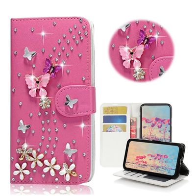 STENES Sparkle Wallet Phone Case Compatible with Google Pixel 2 XL [Stylish] 3D Handmade Bling S-Link Butterfly Floral Crystal Diamond Design Girls Women Cover - Hot Red