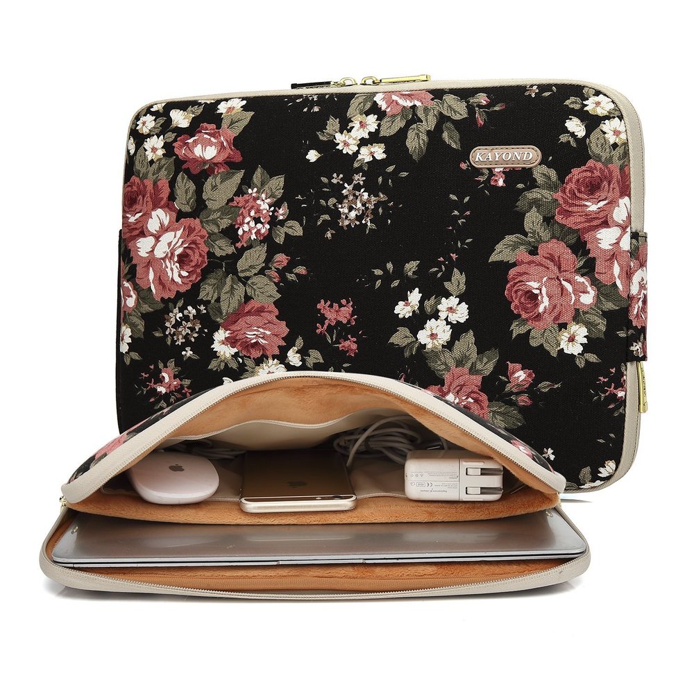 kayond Water-Resistant Canvas 13.3 Inch Laptop Sleeve-Black C Rose