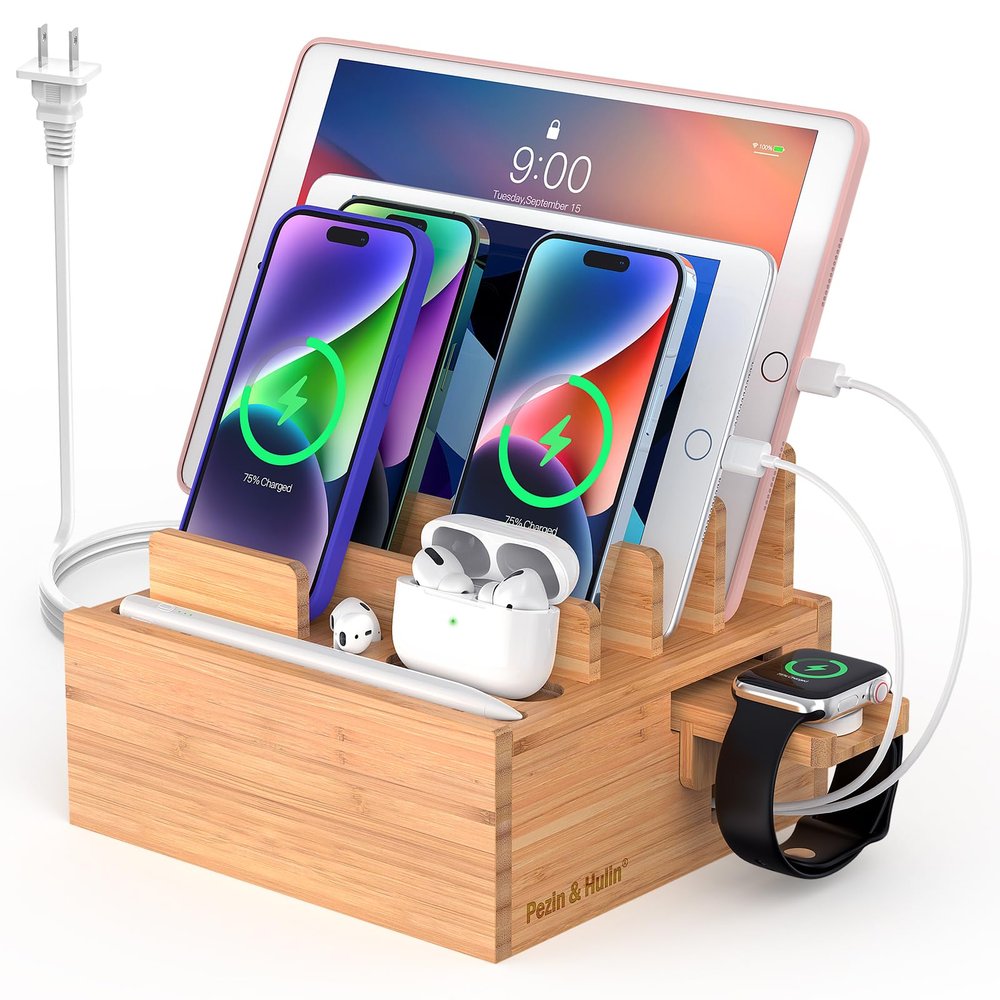 Pezin & Hulin Bamboo Charging Station for Multiple Devices with 5-Port HUB