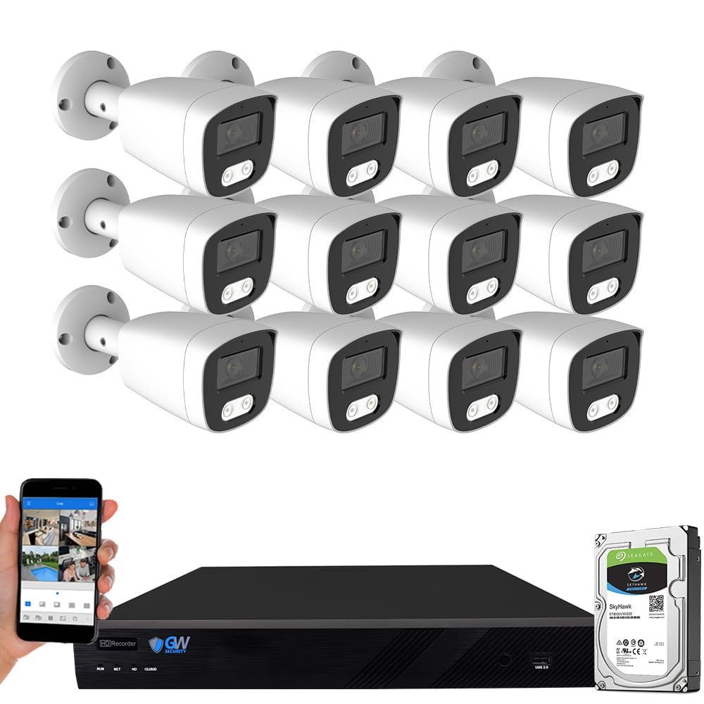 GW Security 16 Channel 4K NVR 5MP POE Audio & Video Smart AI Security Camera System - 12 x 5MP 1920P Weatherproof Bullet Cameras, Built in Microphone, Pre-Installed 4TB Hard Drive