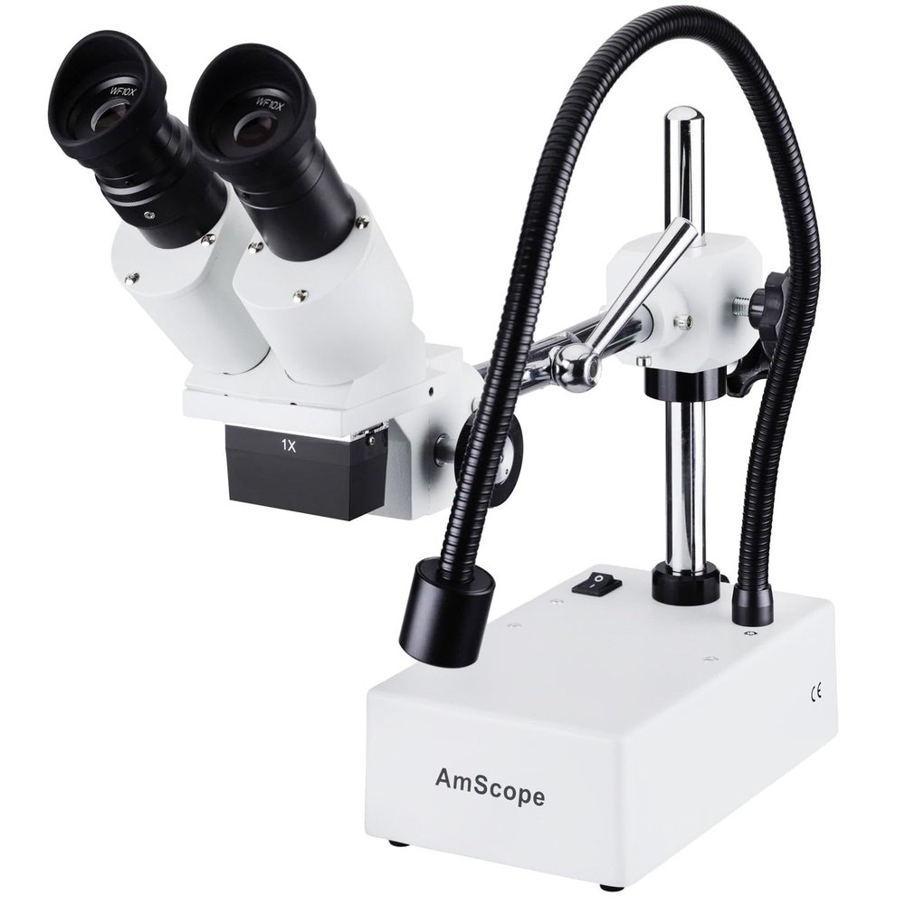 AmScope SE410 Professional Binocular Stereo Microscope, WF10x Eyepieces, 10X Magnification, 1X Objective, Tungsten Lighting, Boom-Arm Stand, 110V-120V