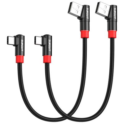 SUNGUY Right Angle USB C to A Cable 2Pack [1FT/0.3m] 18W Short 90 Degree USB 2.0 USB A to C Fast Charging Data Sync Cable Nylon Braided for iPhone 16 15 Pro/Pro Max/Plus Samsung Galaxy S24/S23, iPad