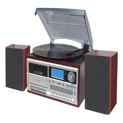 TechPlay ODC128BT 3-Speed Turntable with Cassette Player/Recorder, CD,MP3 SD Card/USB Player, Digital AM/FM Radio, AUX in, Line Out Alarm Clock, Remote and External Speakers (Cherry Wood)