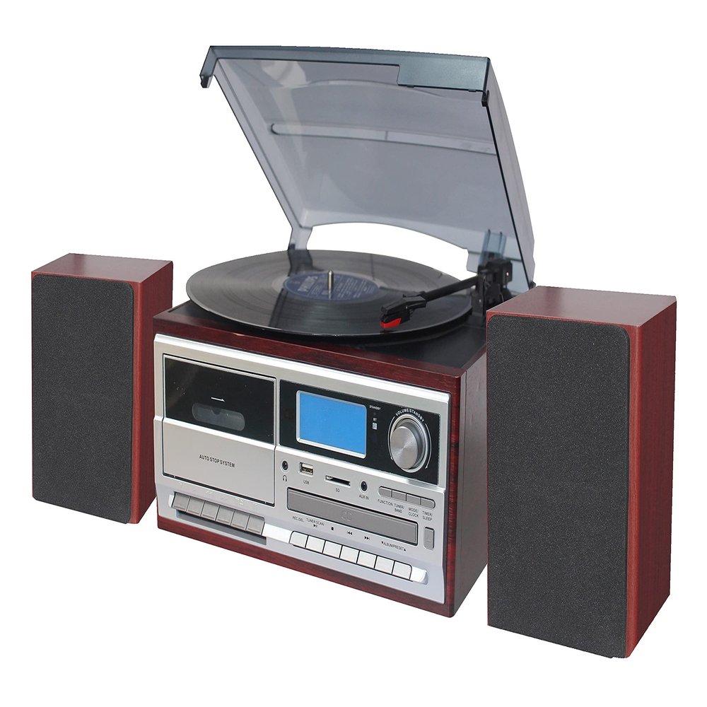 TechPlay ODC128BT 3-Speed Turntable with Cassette Player/Recorder, CD,MP3 SD Card/USB Player, Digital AM/FM Radio, AUX in, Line Out Alarm Clock, Remote and External Speakers (Cherry Wood)