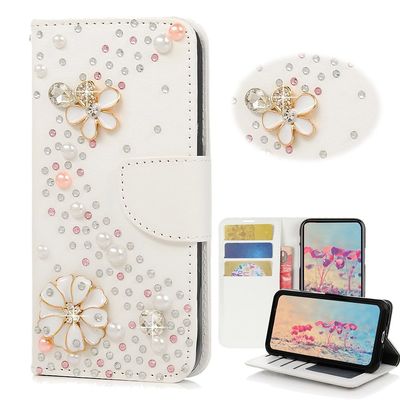 STENES Sparkle Wallet Phone Case Compatible with Google Pixel 2 XL [Stylish] 3D Handmade Bling S-Link Flowers Crystal Diamond Design Girls Women Cover - White
