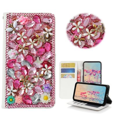 STENES Bling Case Compatible with iPhone 8 Plus Case - 3D Handmade Crystal Flowers Floral Desgin Wallet Credit Card Slots Fold Stand Leather Cover - Pink
