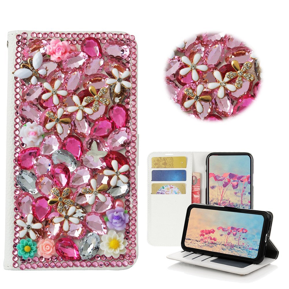 STENES Bling Case Compatible with iPhone 8 Plus Case - 3D Handmade Crystal Flowers Floral Desgin Wallet Credit Card Slots Fold Stand Leather Cover - Pink