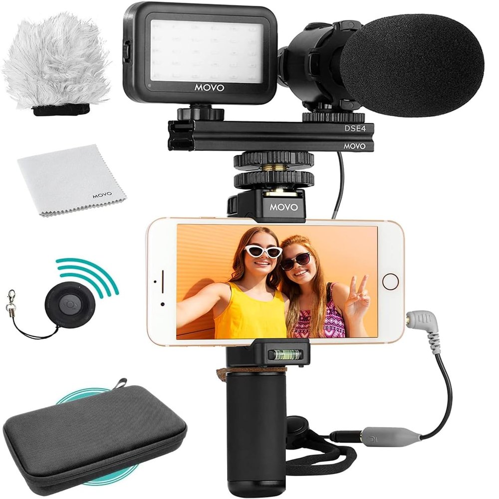 Movo Vlog Kit V7 - YouTube Starter Kit with Grip, Stereo Microphone, Light and Wireless Remote Vlogging Kit for iPhone, Android - iPhone Vlogging Kit