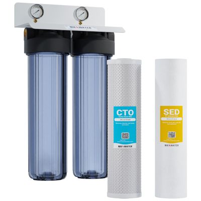2-Stage Whole House Water Filtration System 20 x 4.5 Clear Housings with Sediment & Carbon Block Filters w/Valve, Pressure monetering gauges, removes Sediment, Chlorine, pesticides, herbicides