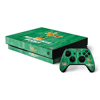 Skinit Decal Gaming Skin Compatible with Xbox One X Bundle - Officially Licensed NBA Milwaukee Bucks Hardwood Classics Design