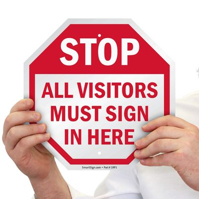 SmartSign "Stop - All Visitors Must Sign in Here" Sign | 10" x 10" Aluminum, Made in USA