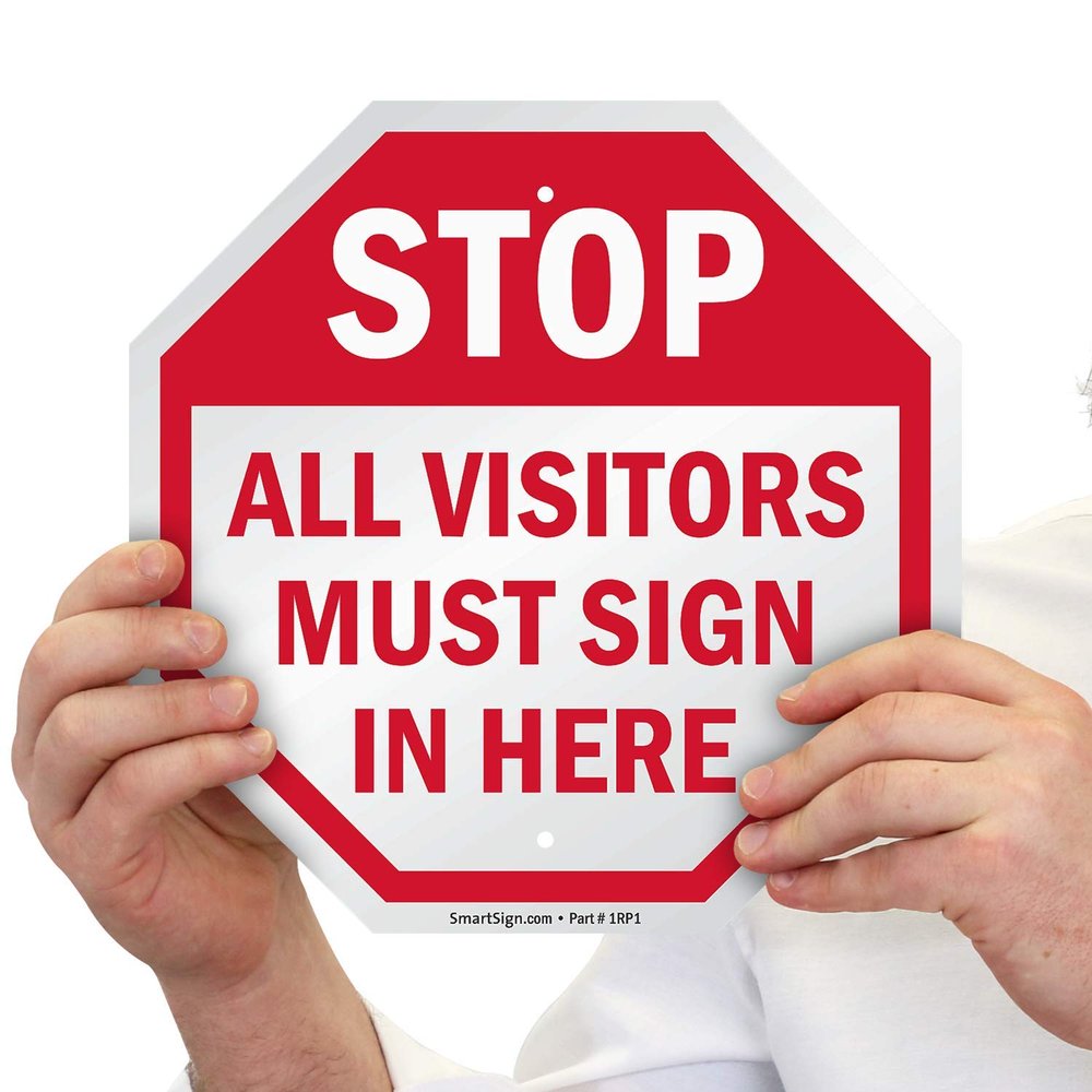 SmartSign "Stop - All Visitors Must Sign in Here" Sign | 10" x 10" Aluminum, Made in USA