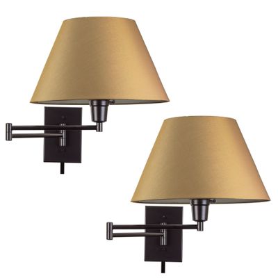 Kira Home Cambridge 15" Swing Arm Wall Lamp - Plug in/Wall Mount + Golden Bronze Fabric Shade, 150W 3-Way, Black Finish, 2-Pack