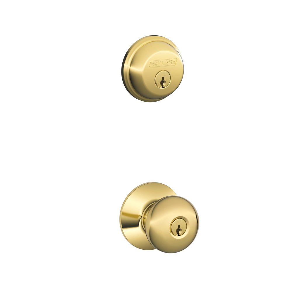 Schlage FB50 V PLY 505 605 Single Cylinder Deadbolt and Keyed Entry Plymouth Knob, Bright Brass