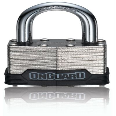 OnGuard Bull Mastiff Key Padlock Heavy-Duty Laminated Steel Body with 10 mm Hardened Shackle, Brass Lock Mechanism, Non-Marring Bumper, Includes 5 F-Style Keys
