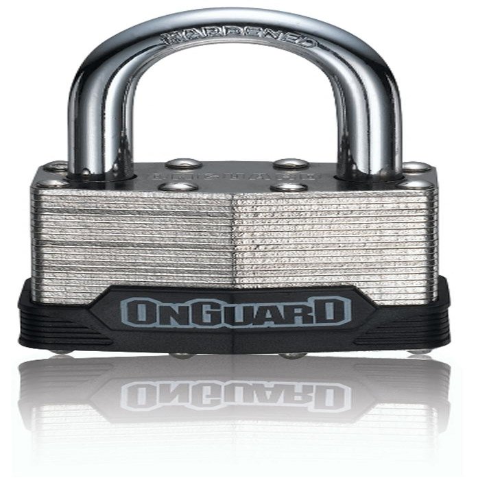 OnGuard Bull Mastiff Key Padlock Heavy-Duty Laminated Steel Body with 10 mm Hardened Shackle, Brass Lock Mechanism, Non-Marring Bumper, Includes 5 F-Style Keys