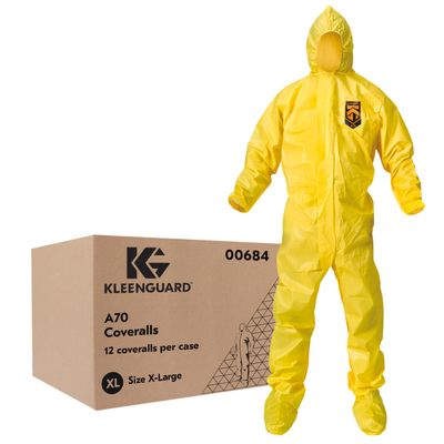 KleenGuard A70 Fabric Bound Seam Chemical Spray Protection Coverall with Hood and Boots, Disposable, Elastic Wrist, Yellow, X-Large (Pack of 12)