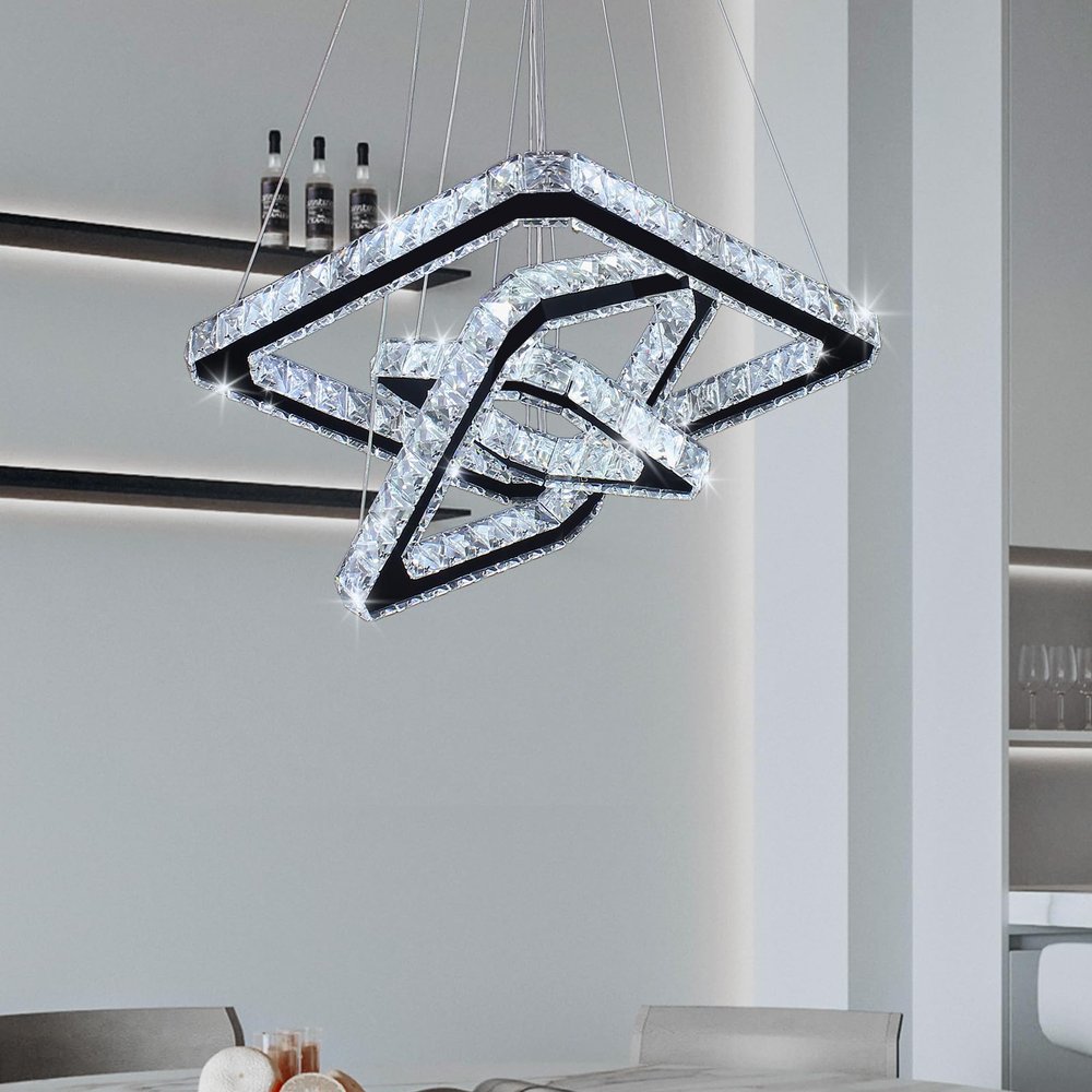 diisunbihuo Square 3-Ring Crystal Chandelier Adjustable Height Cool White
