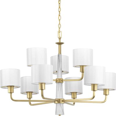 Progress Lighting Palacio Collection 9-Light White Silk Fabric Shade Luxe Chandelier Light Vintage Gold
