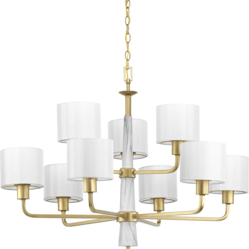 Progress Lighting Palacio Collection 9-Light White Silk Fabric Shade Luxe Chandelier Light Vintage Gold