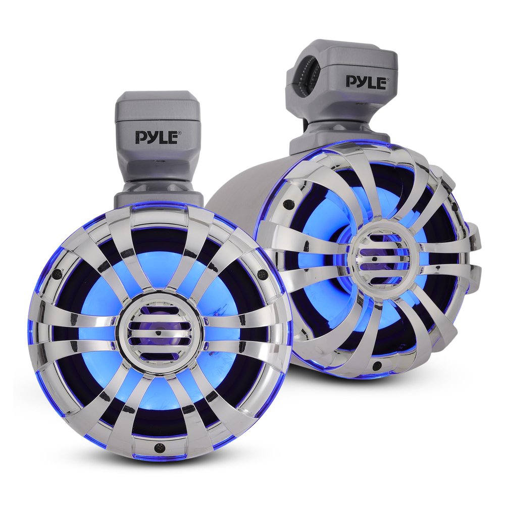 Pyle Marine Speakers - 5.25 Inch Waterproof IP44 Rated Wakeboard Tower and Weather Resistant Outdoor Audio Stereo Sound System with Built-in LED Lights - 1 Pair in Silver (PLMRWB50L)