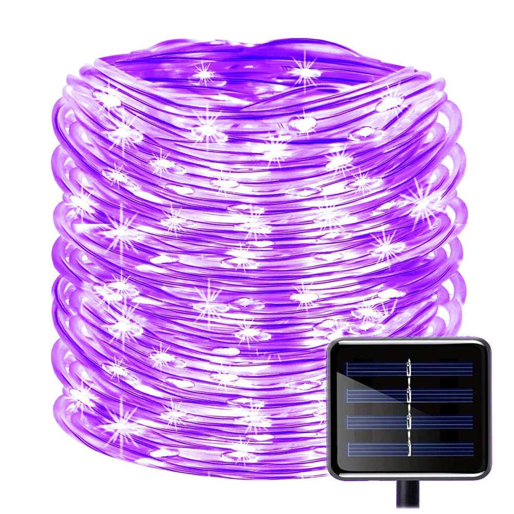 MUEQU Solar Rope Lights Outdoor String Lights, 39ft Waterproof 100LEDs Copper Wire Tube Lighting Solar Decoration Lights Tube for Trees Patio Gardens Party Christmas Holiday Wedding(Purple)