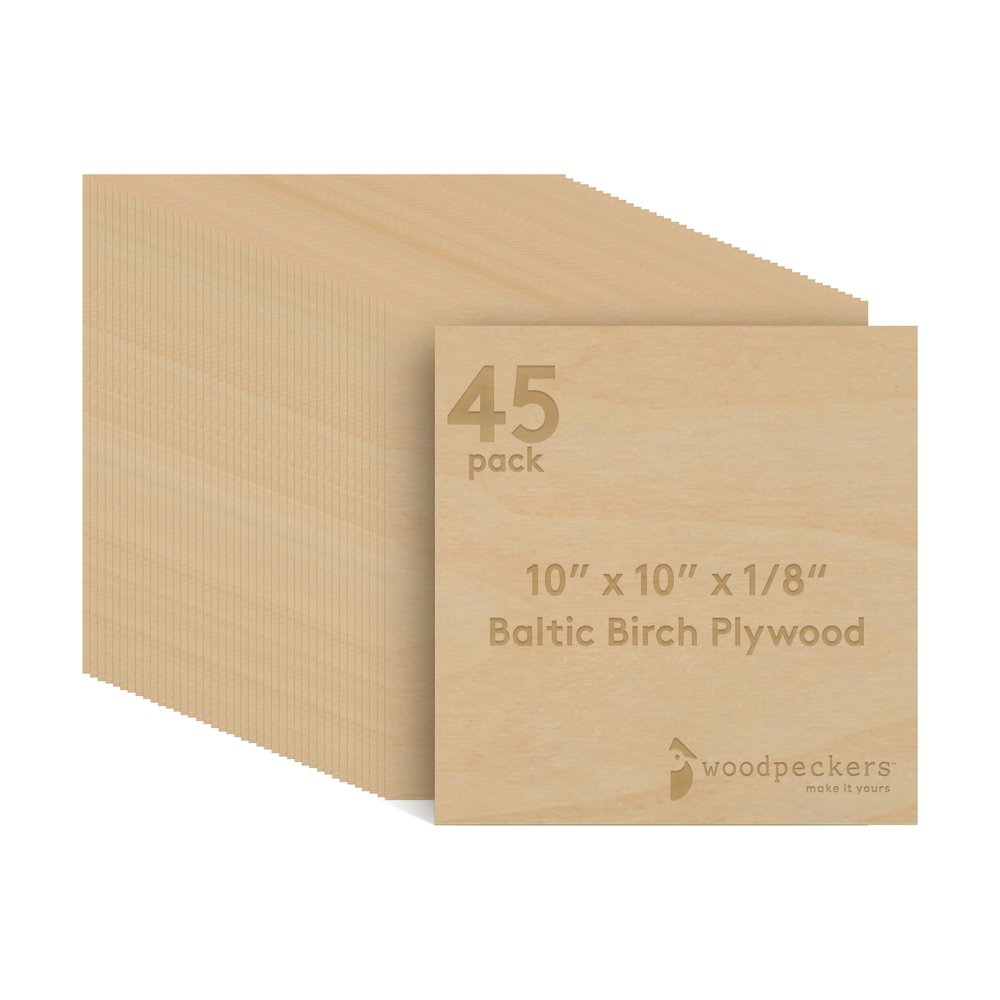 Baltic Birch Plywood, 3 mm 1/8 Craft Wood, B/BB Grade Baltic Birch Sheets, Stronger Than Basswood Sheets, Perfect for Laser, CNC Cutting and Wood Burning, by Woodpeckers (45, 10" x 10", 1/8" Thick)