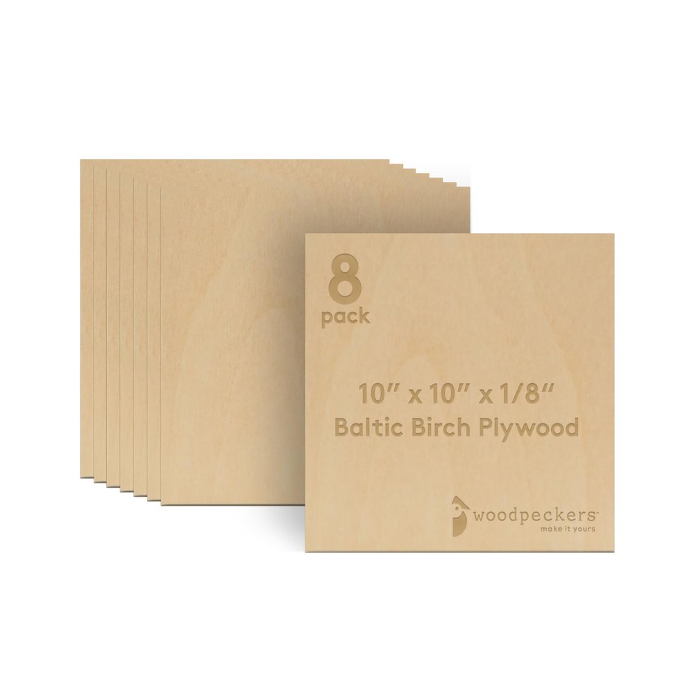 Baltic Birch Plywood, 3 mm 1/8 Craft Wood, B/BB Grade Baltic Birch Sheets, Stronger Than Basswood Sheets, Perfect for Laser, CNC Cutting and Wood Burning, by Woodpeckers (8, 10" x 10", 1/8" Thick)
