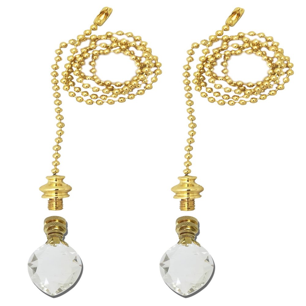 Royal Designs Celling Fan Pull Chain Beaded Ball Extension Chains with Decorative Pear Shaped Crystal Design, Polished Brass, Set of 2