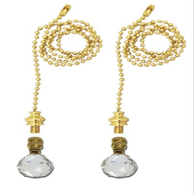 Royal Designs Celling Fan Pull Chain Beaded Ball Extension Chains with Decorative Medium Faceted Diamond Cut Crystal, Polished Brass, Set of 2